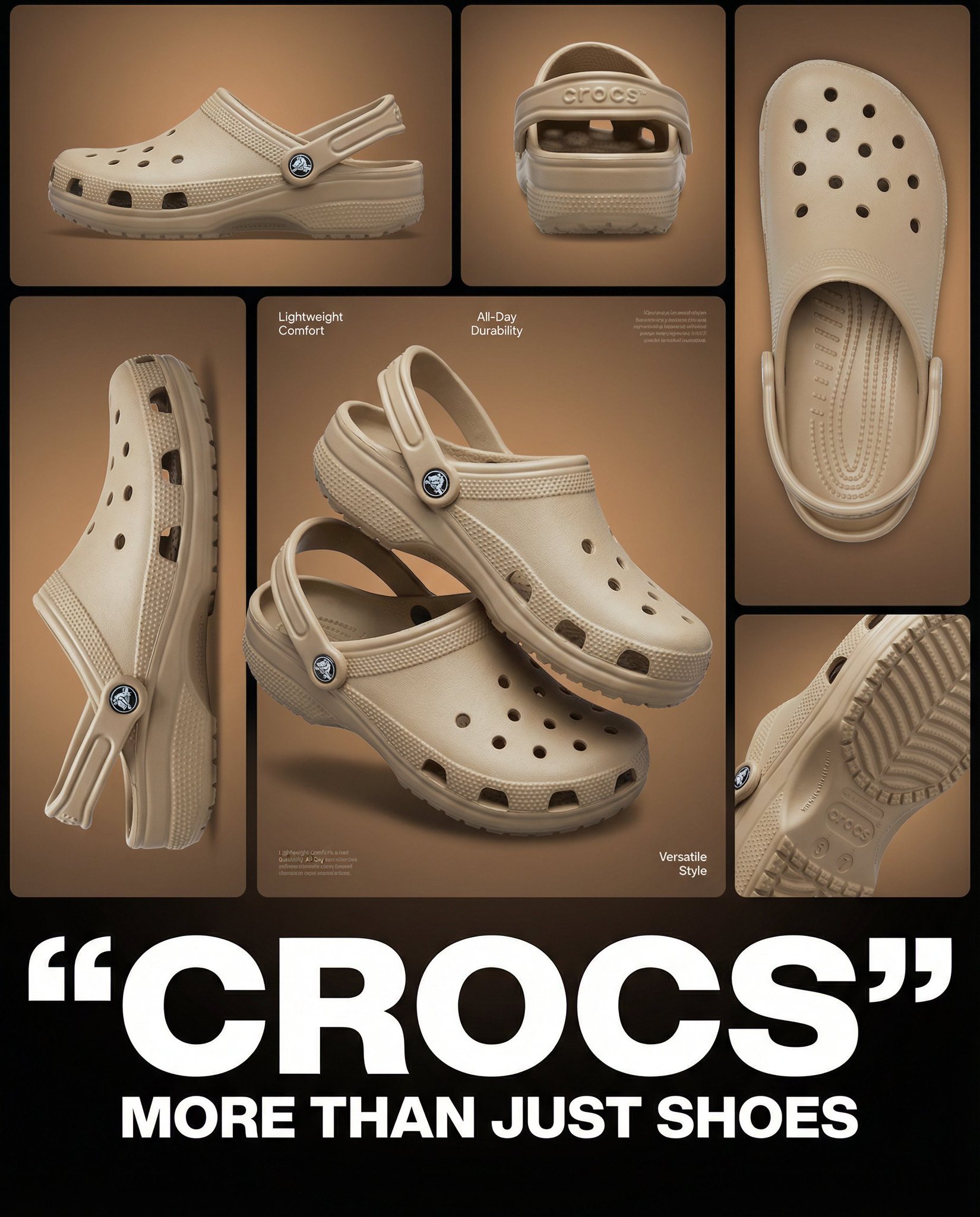 Multi-image product collage poster featuring beige/tan Crocs clog shoes, designed as a modern footwear adverti