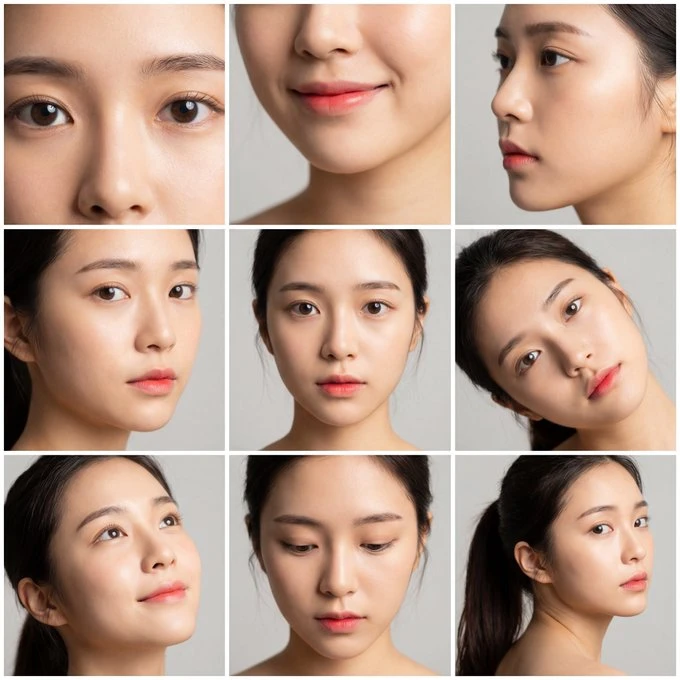 Nine-grid layout collage featuring the same beautiful East Asian woman with Japanese makeup style in nine diff