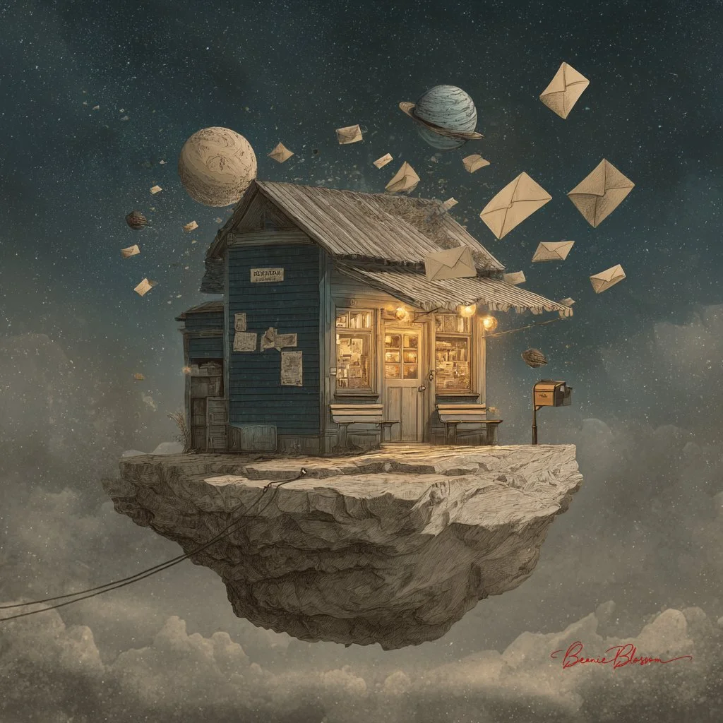 Old-Fashioned Postal Shack Floating on Space Rock