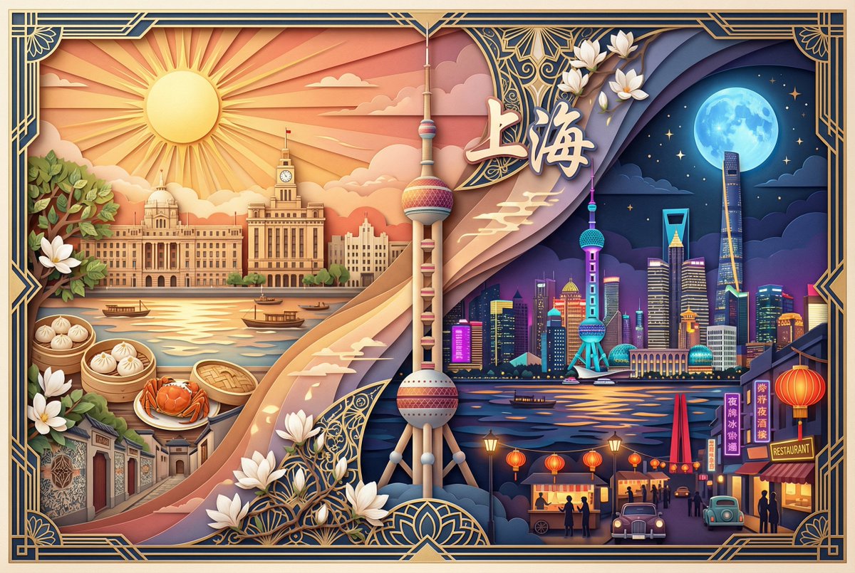 Paper Cut Layered Art: City Day-Night Elegant Diagonal Split