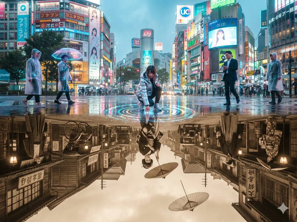 Perfect 4:3 Cinematic Photo of Shibuya Crossing in Tokyo After a Sudden Summer Shower