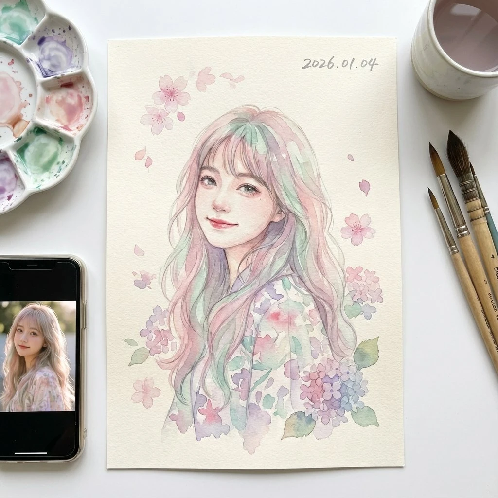 Perfect Japanese Watercolor Illustration of a Chinese Idol Girl