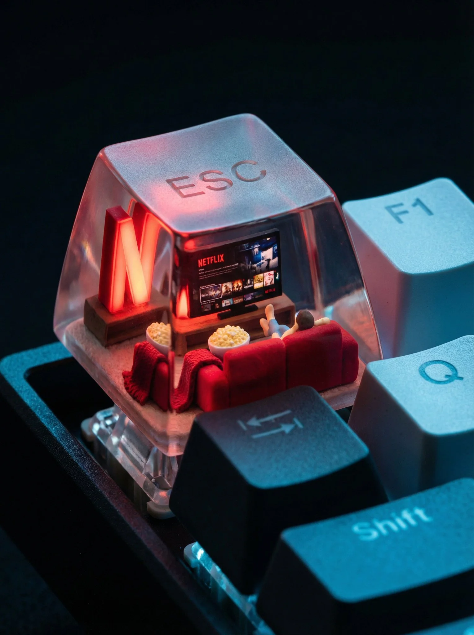 Photorealistic ESC Keycap Scene in a Miniature Living Room