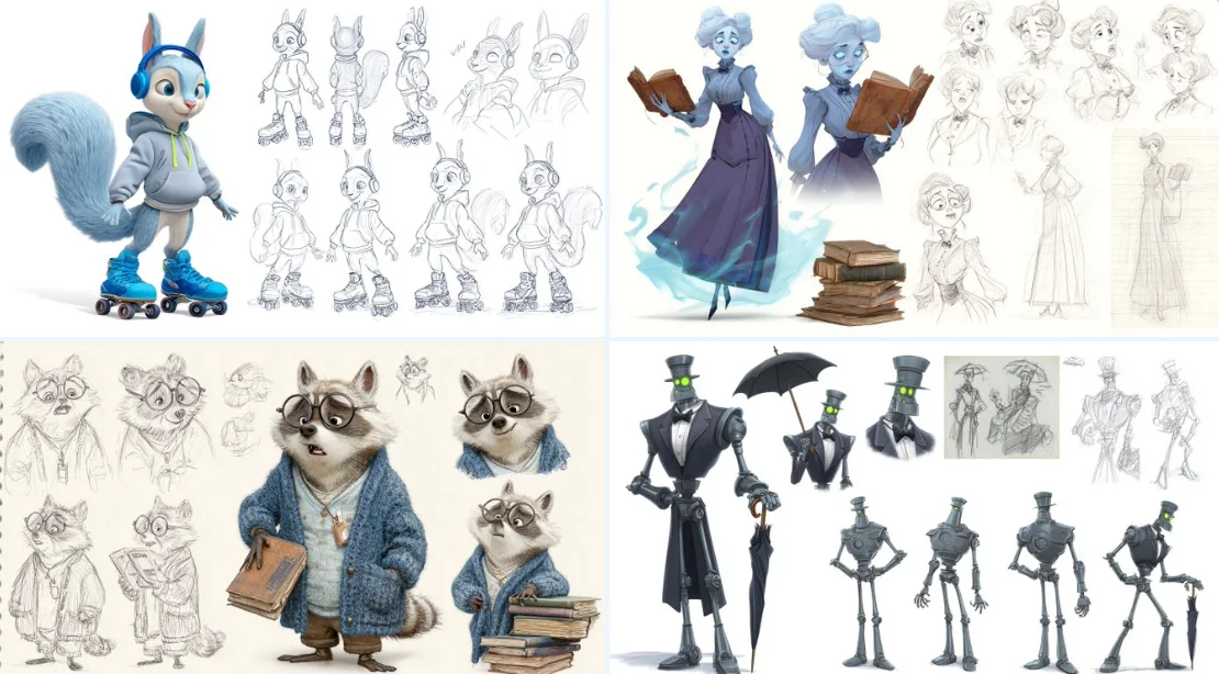Pixar-style Character Sheet with Multiple Poses and Expressions