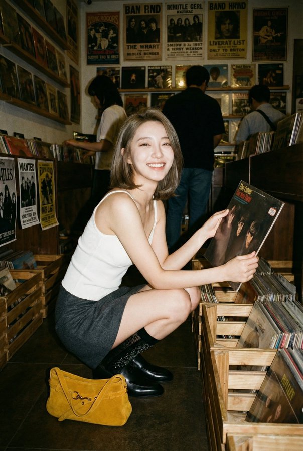 Portrait of a Young Woman in a Vintage Record Store