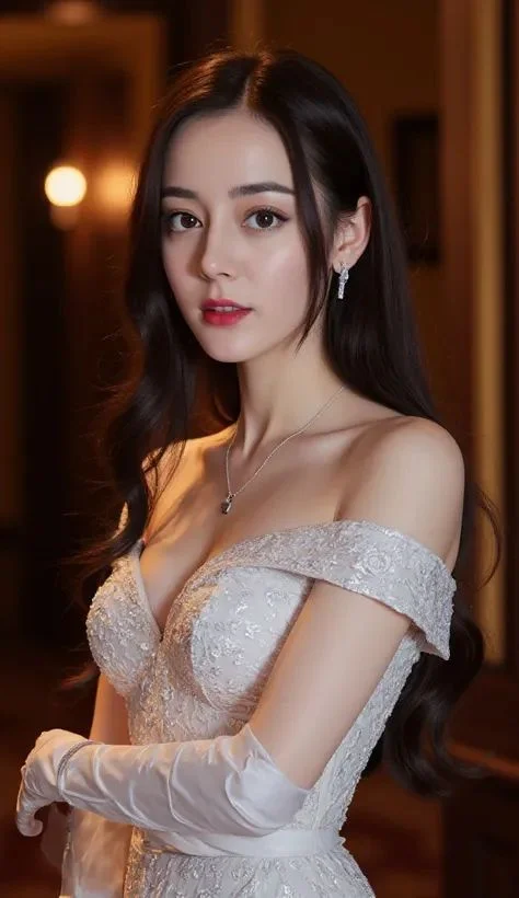 Portrait of a Woman in a White Off-the-Shoulder Wedding Dress with Lace Details