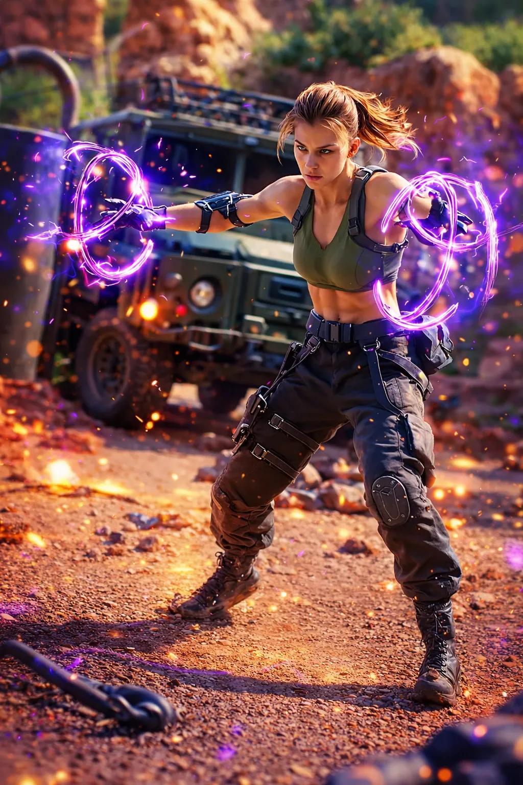 Powerful Athletic Female Warrior in Rocky Battlefield