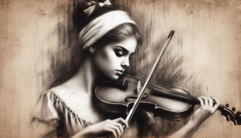 Violinist Woman in Charcoal Drawing