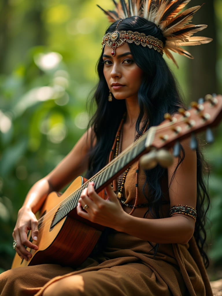 Serene Woman Playing Lute in Golden Light