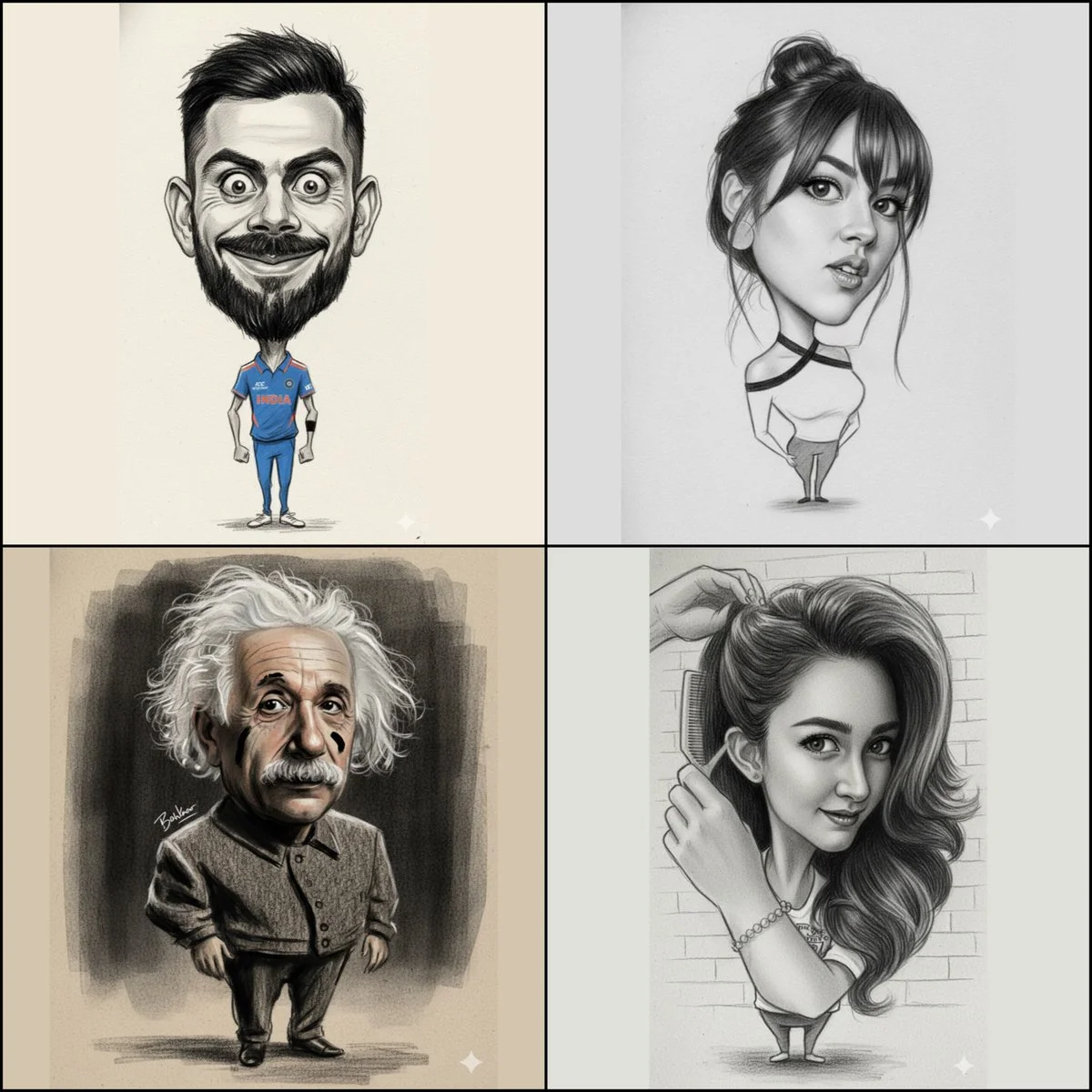 Proportional Composition Caricature with Exaggerated Face and Head, Textured Paper Style