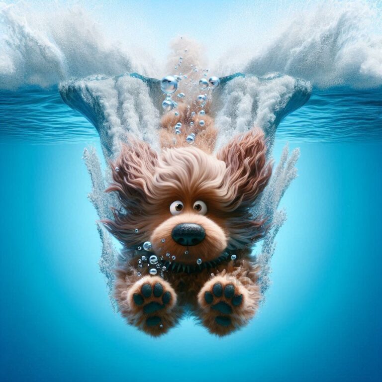 Funny Fluffy Dog Diving Underwater, Big Splash