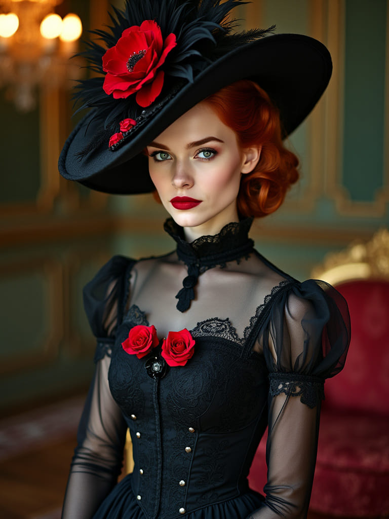 Dramatic Red-Haired Woman in Lace Dress