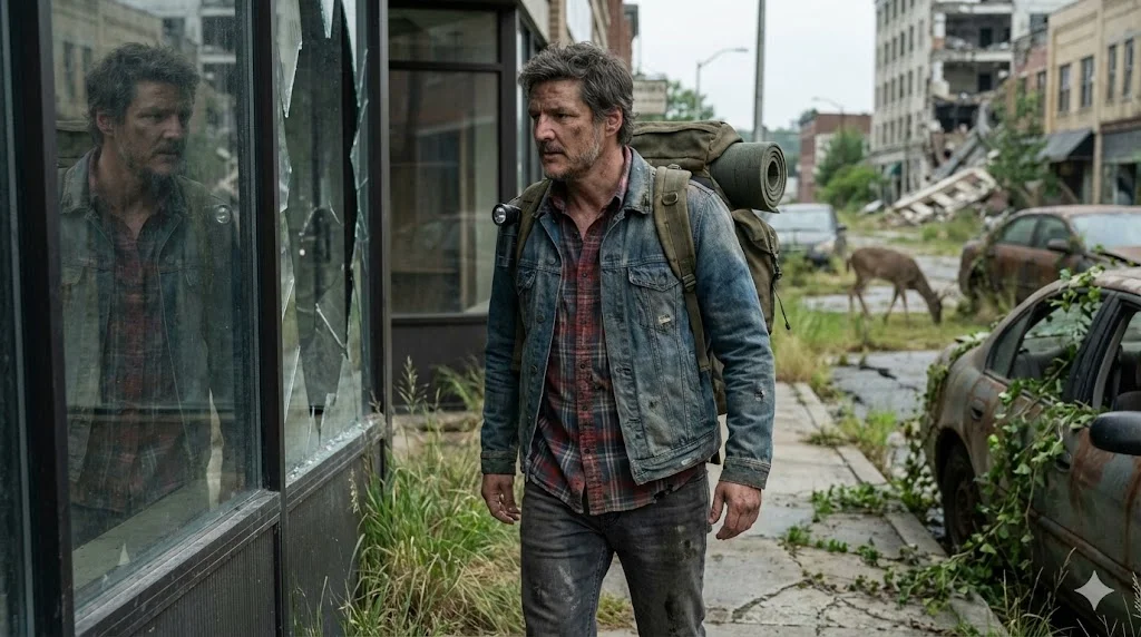 Rugged Male Survivor Walking Through an Overgrown City Street