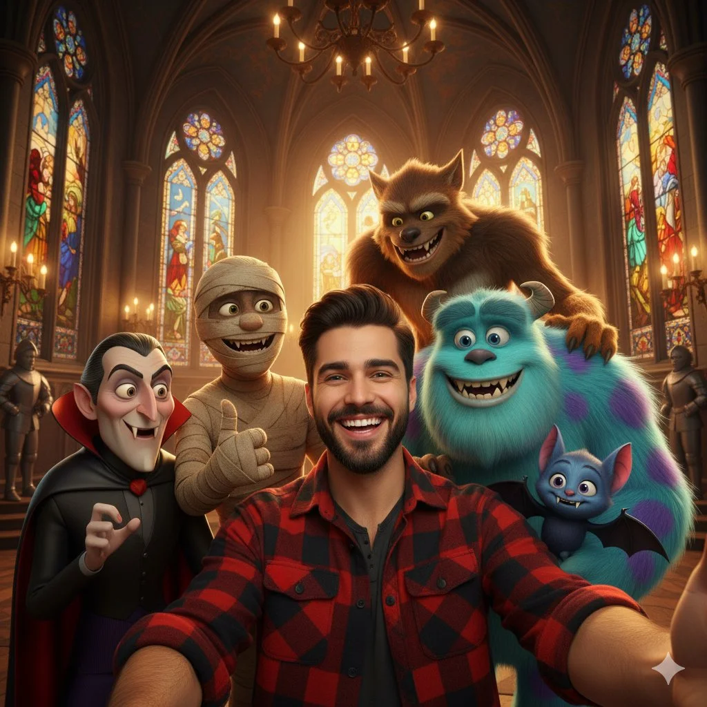 Selfie-style Shot of a Smiling Young Man with Animated Movie Monsters