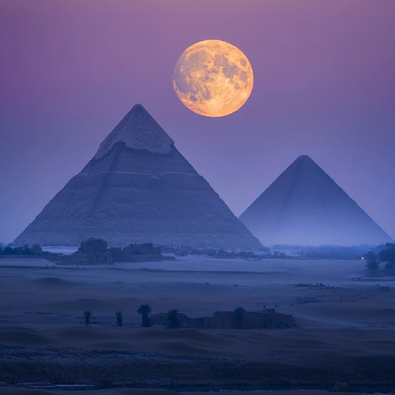 Bright Full Moon Over Giza Pyramids