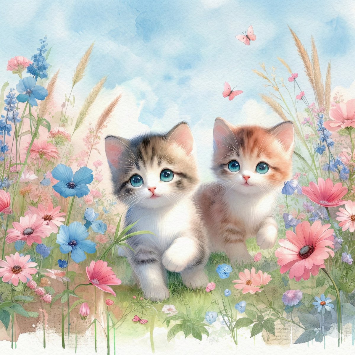 Soft Watercolor Kitten Garden Illustration