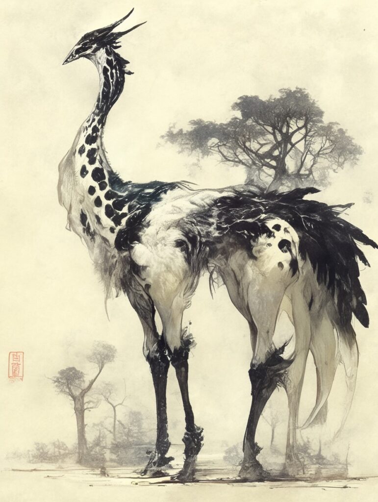 Mystical Giraffe-Ostrich Hybrid in Savannah
