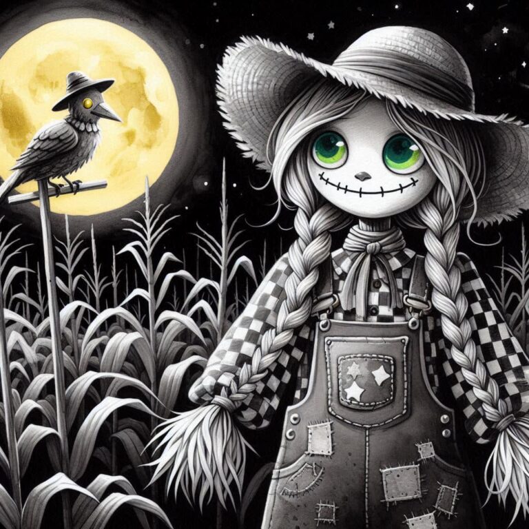 Gothic Girl Scarecrow in Moonlit Cornfield