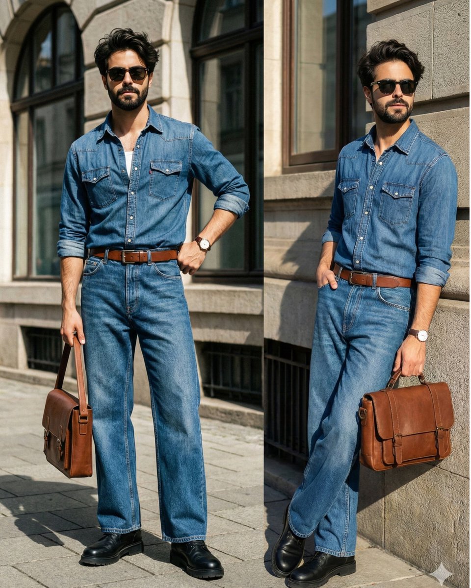 Stylish Man in Full Denim Ensemble on Urban Street