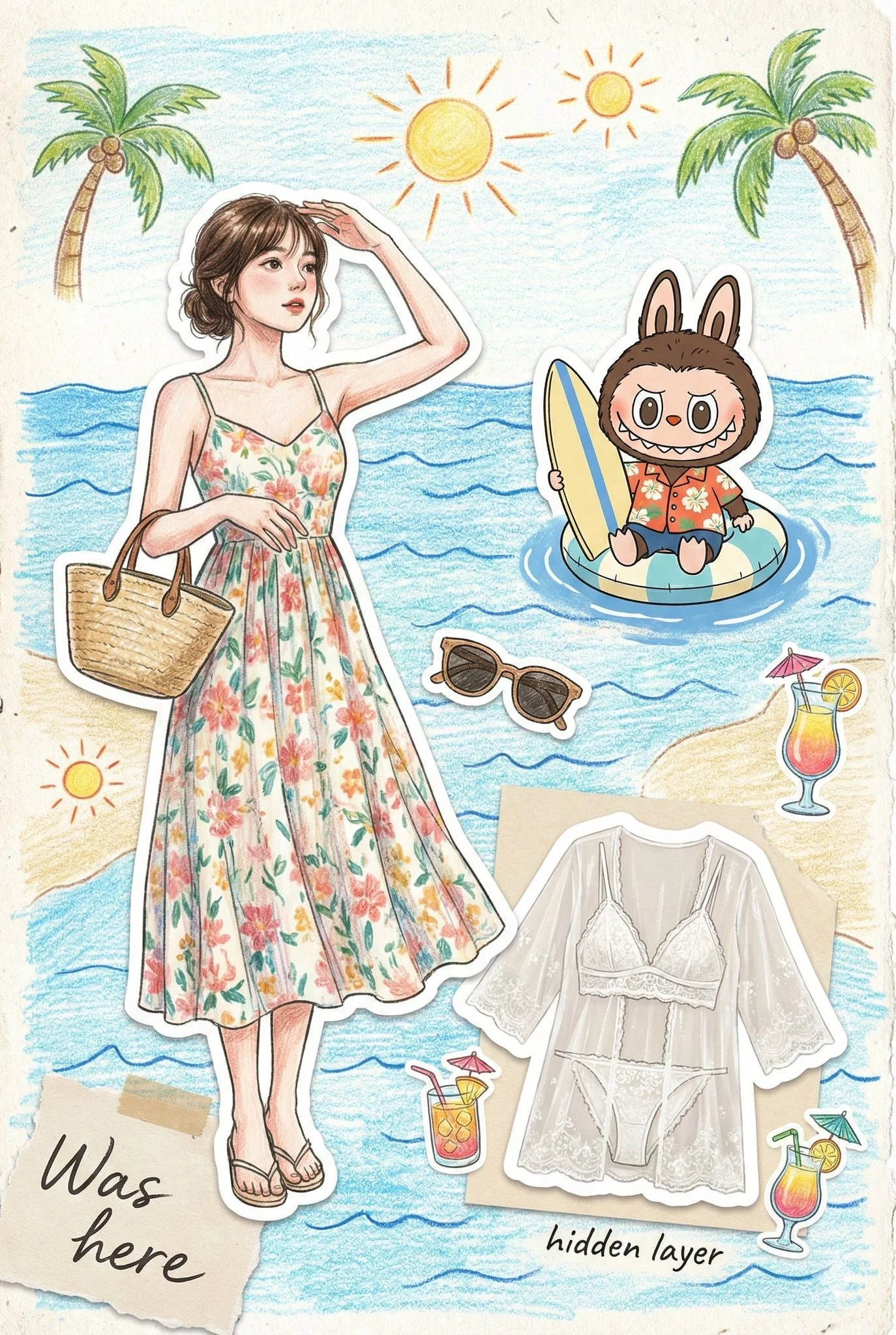 Summer Atmosphere Illustration in Travel Scrapbook Style