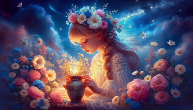 Fantasy Girl with Flower Garland Under Stars