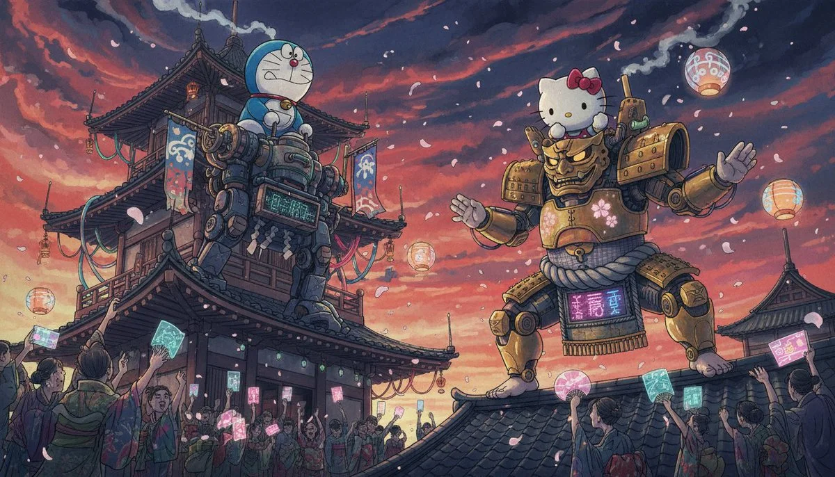 Surreal Japanese Sumi-e Illustration Blending Edo-period Aesthetics with Futuristic Absurdity
