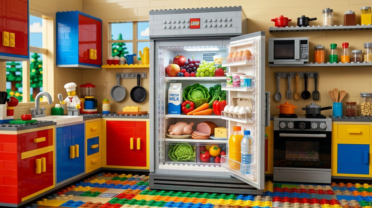 Surreal Lego kitchen with real food inside fridge