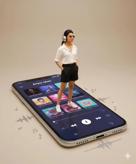 Surreal Modern Digital Artwork with Person on Oversized Smartphone
