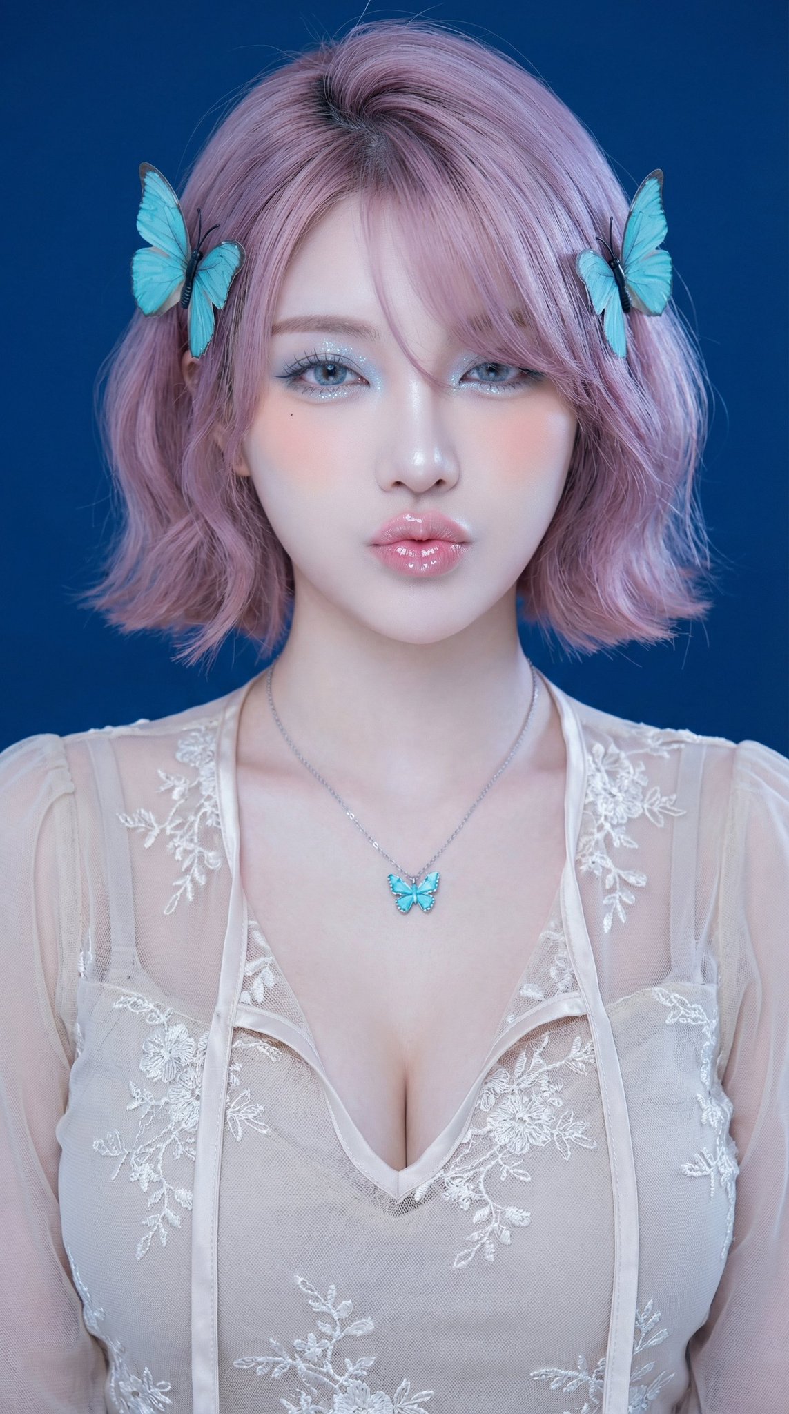 Surreal Photography with Pure Blue Background, High Detail, Subtle Skin Glow