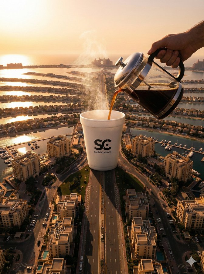 Surreal Scene on Palm Jumeirah: Giant Foam Cup and Coffee