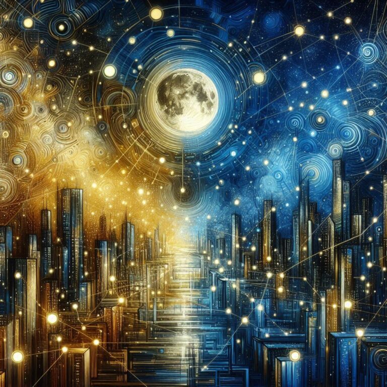 Abstract Night Cityscape with Full Moon