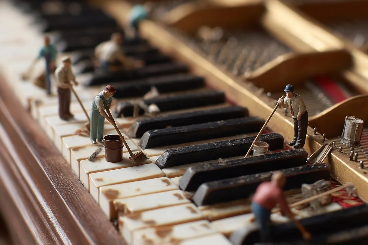 Tilt-Shift Piano Keyboard Cleaning Scene