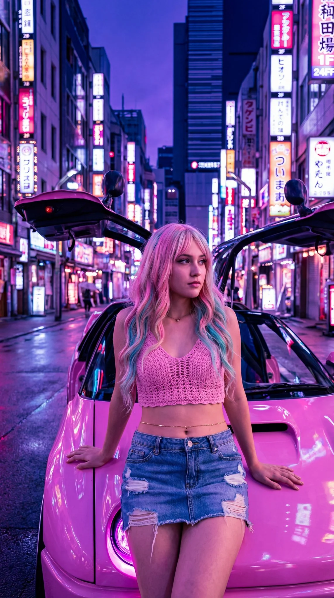 Tokyo Nightlife Editorial Photography, Full Body Shot, Stylish Young Woman Resting on Pink Sports Car Hood, Ri