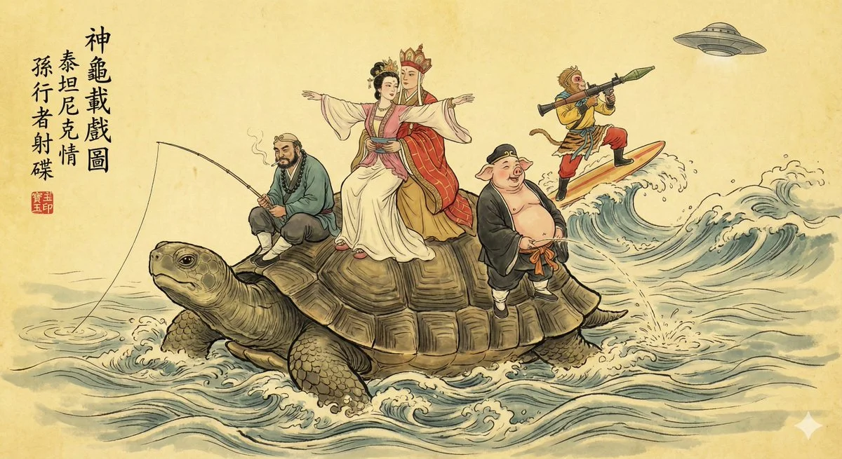 Traditional Chinese Gongbi-style ink painting depicting a giant turtle in a turbulent river, humorously reenac