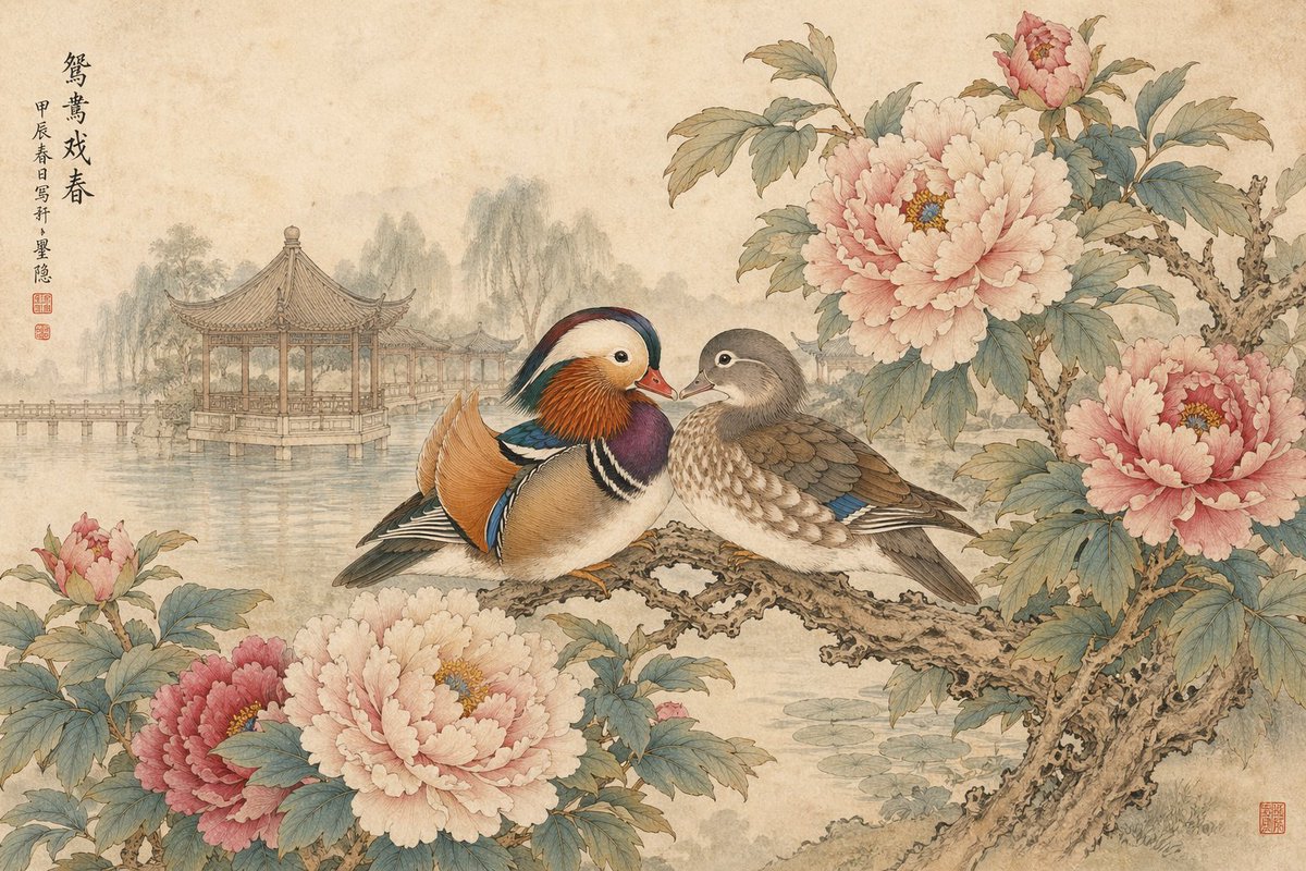Traditional Gongbi Style Peonies and Mandarin Ducks