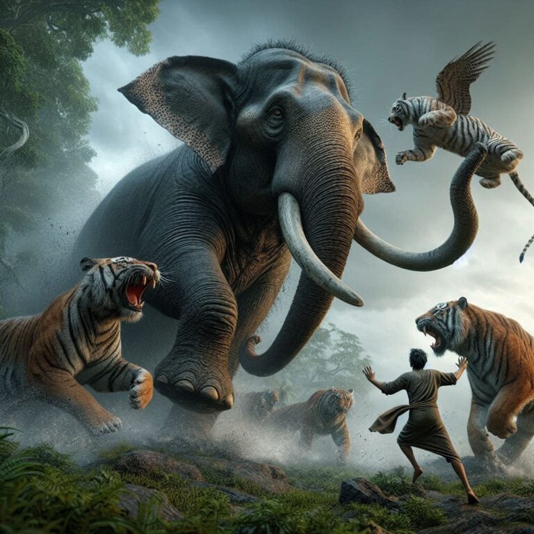Hyper-Realistic Elephant Protecting Man from Tiger