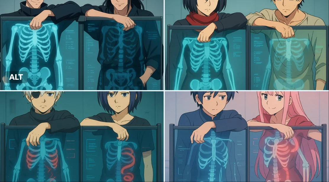 Two Anime-Style Characters Behind a Futuristic X-Ray Scanning Panel