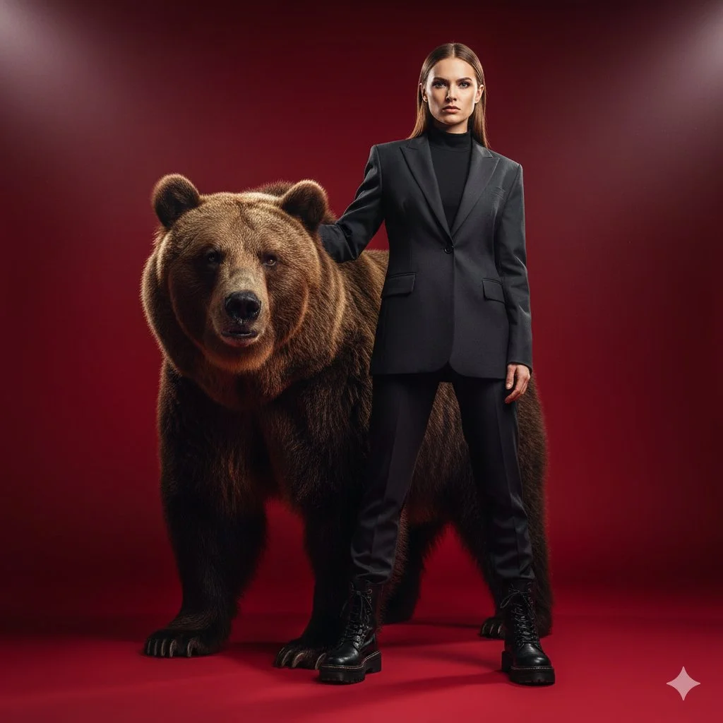 Ultra-cinematic shot of a confident, stylish woman with a brown bear