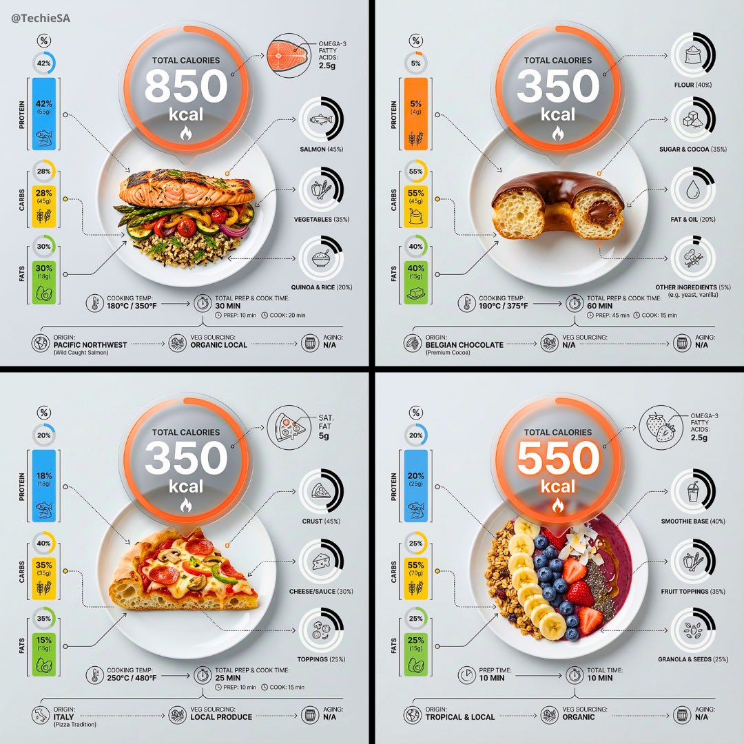 Ultra-clean top-down infographic with calorie bubble focus