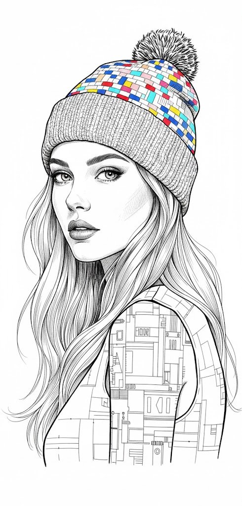 Ultra-detailed black and white ink illustration of a young woman in 3/4 profile