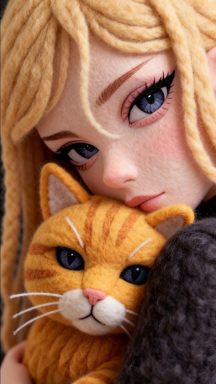 Ultra-detailed close-up portrait of a handcrafted felt doll girl hugging a small orange felt cat