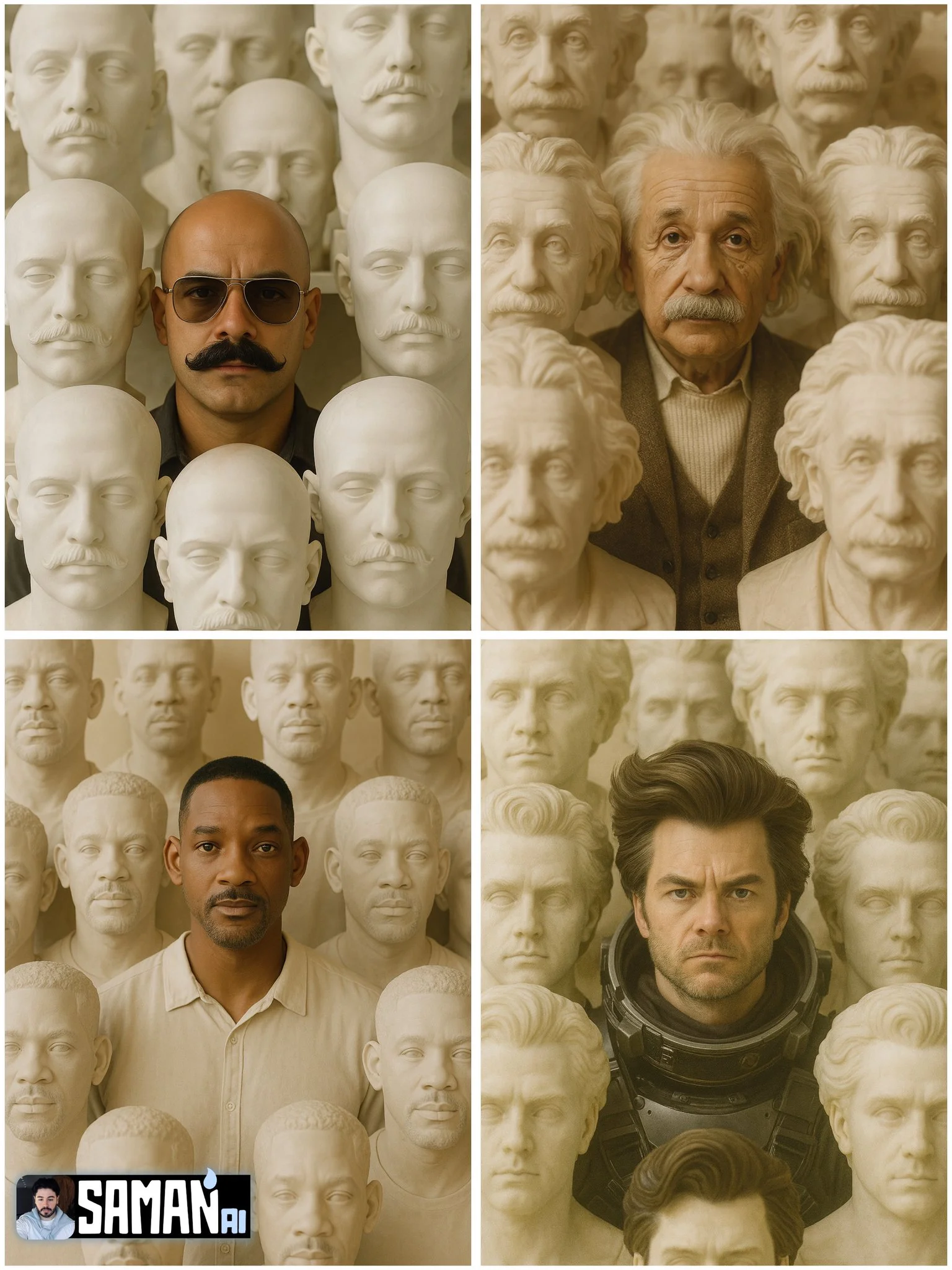 Ultra-real Portrait of [CHARACTER] Centered, Surrounded by Life-size Stone Busts