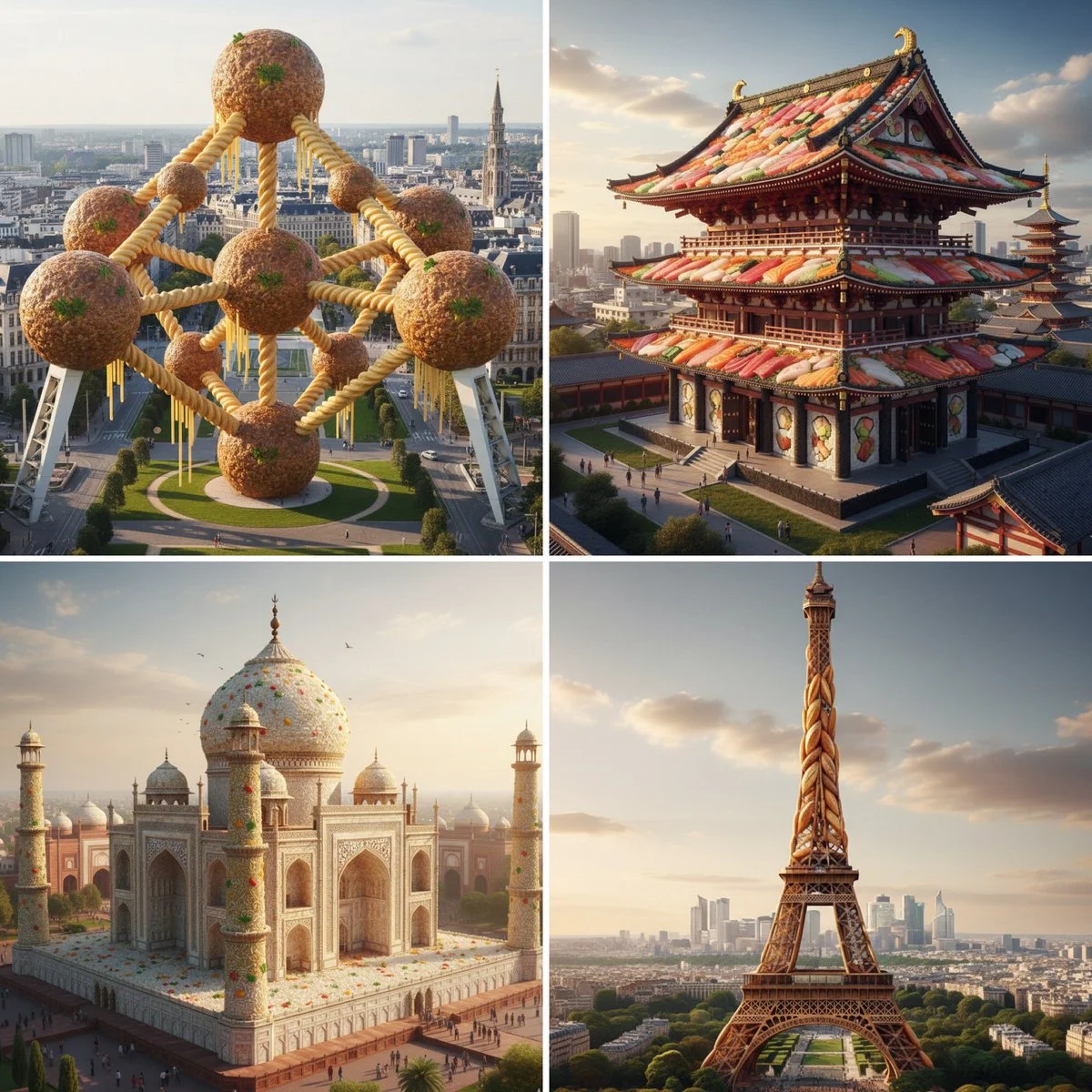 Ultra-realistic 3D render of [MONUMENT] made entirely out of [FOOD], seamlessly integrated into a photorealist