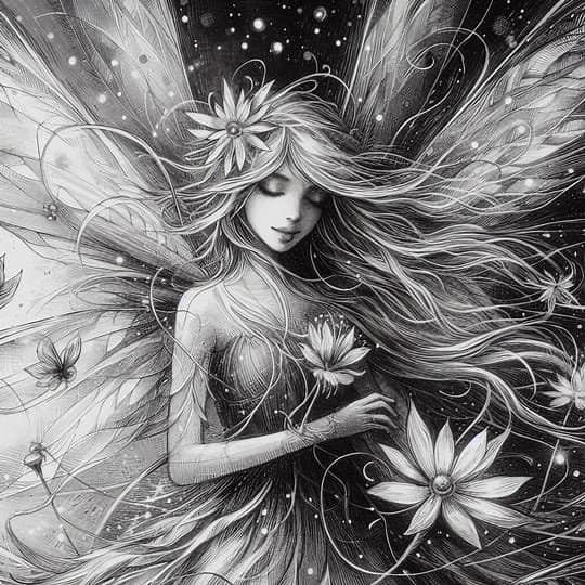 Black and White Sketch of Colorful Fairy