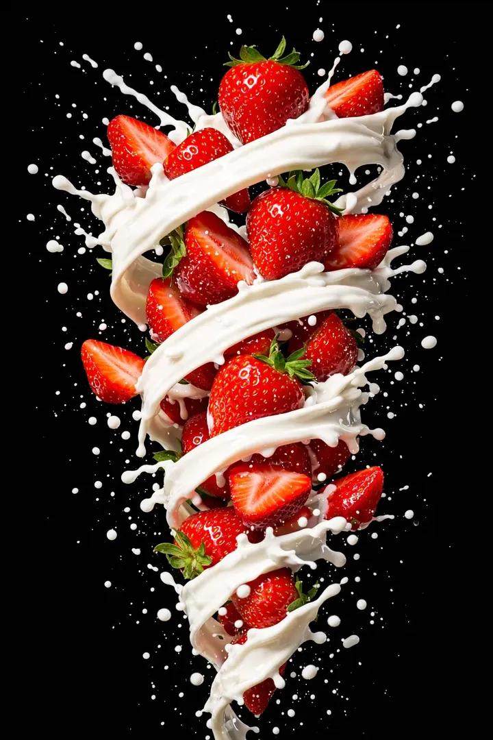 Ultra-Realistic High-Speed Strawberry Milk Tornado Photography