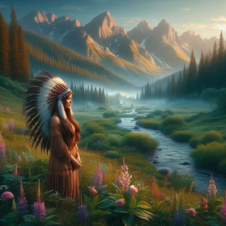 Native Woman Amidst Misty Mountain Valley