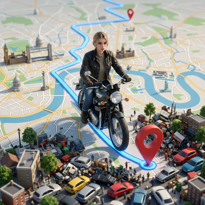 Vertical Surreal 3D Scene with Photorealistic Character on GPS Route