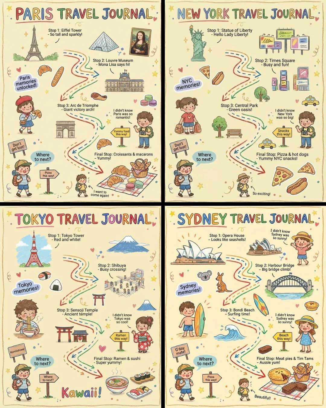 Vibrant Child-Like Crayon-Style Vertical Illustration: {City Name} Travel Journal