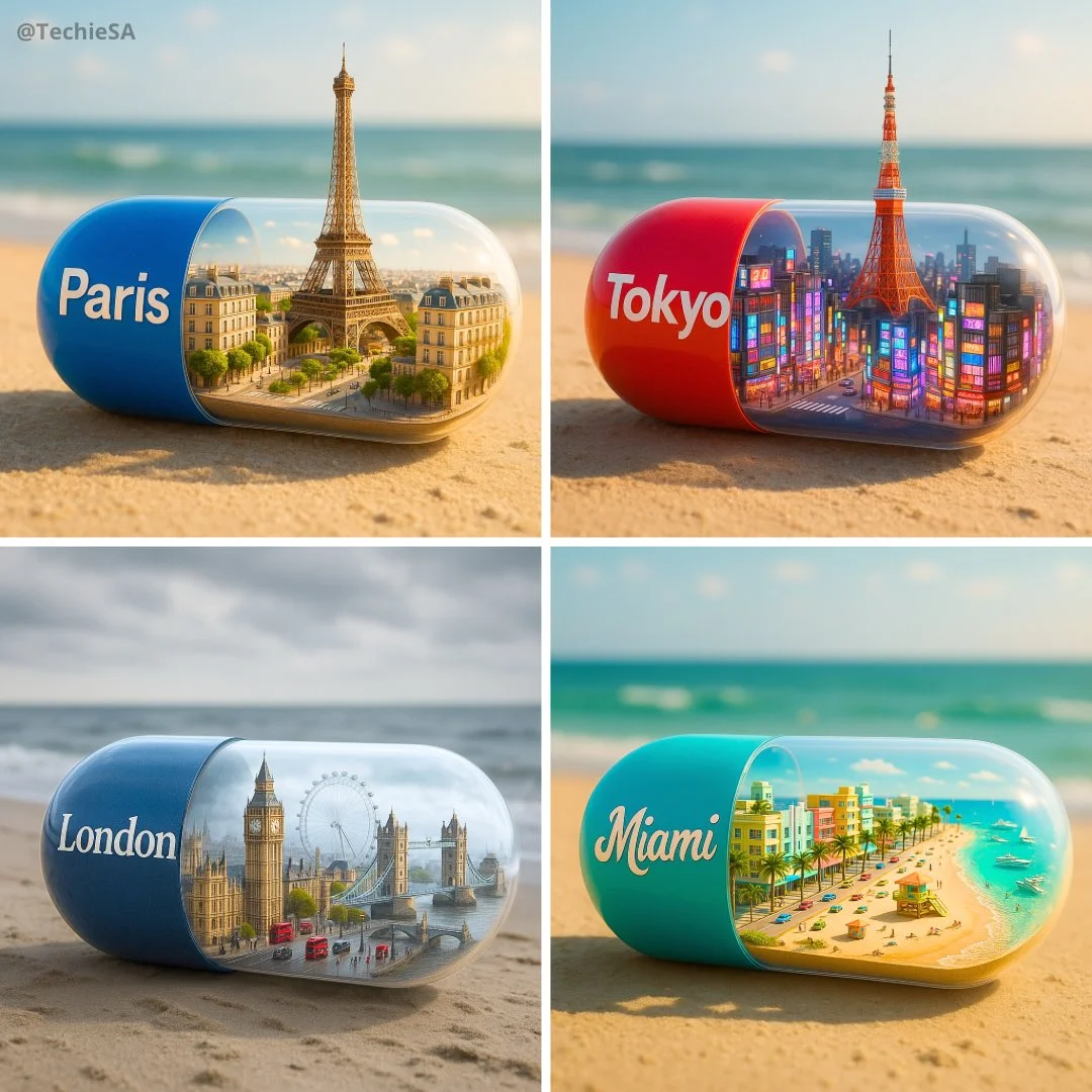 Vibrant Miniature of [CITY] in a Transparent Capsule on a Sandy Beach