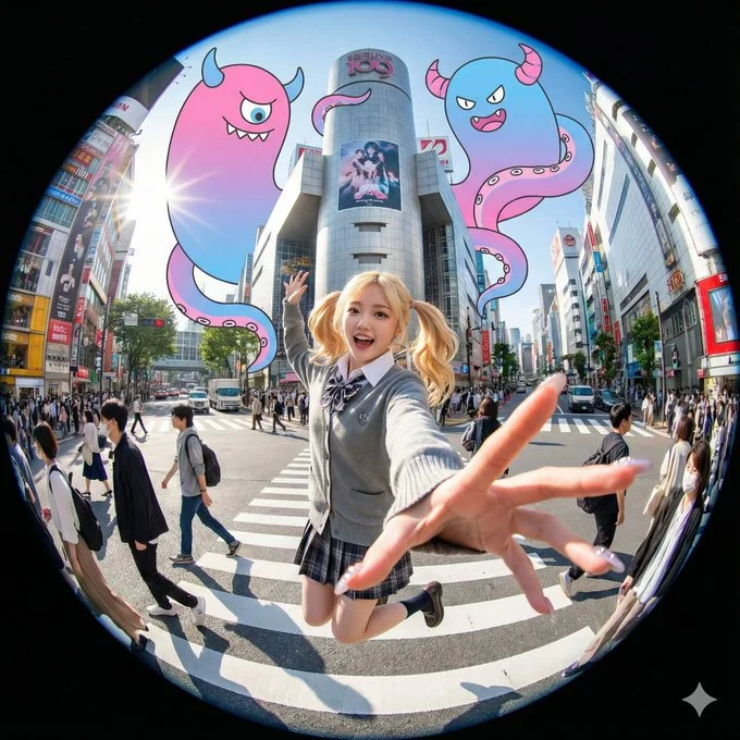 Vibrant Shibuya Street Scene Captured with a Wide-Angle Lens, Featuring a Cartoon Monster